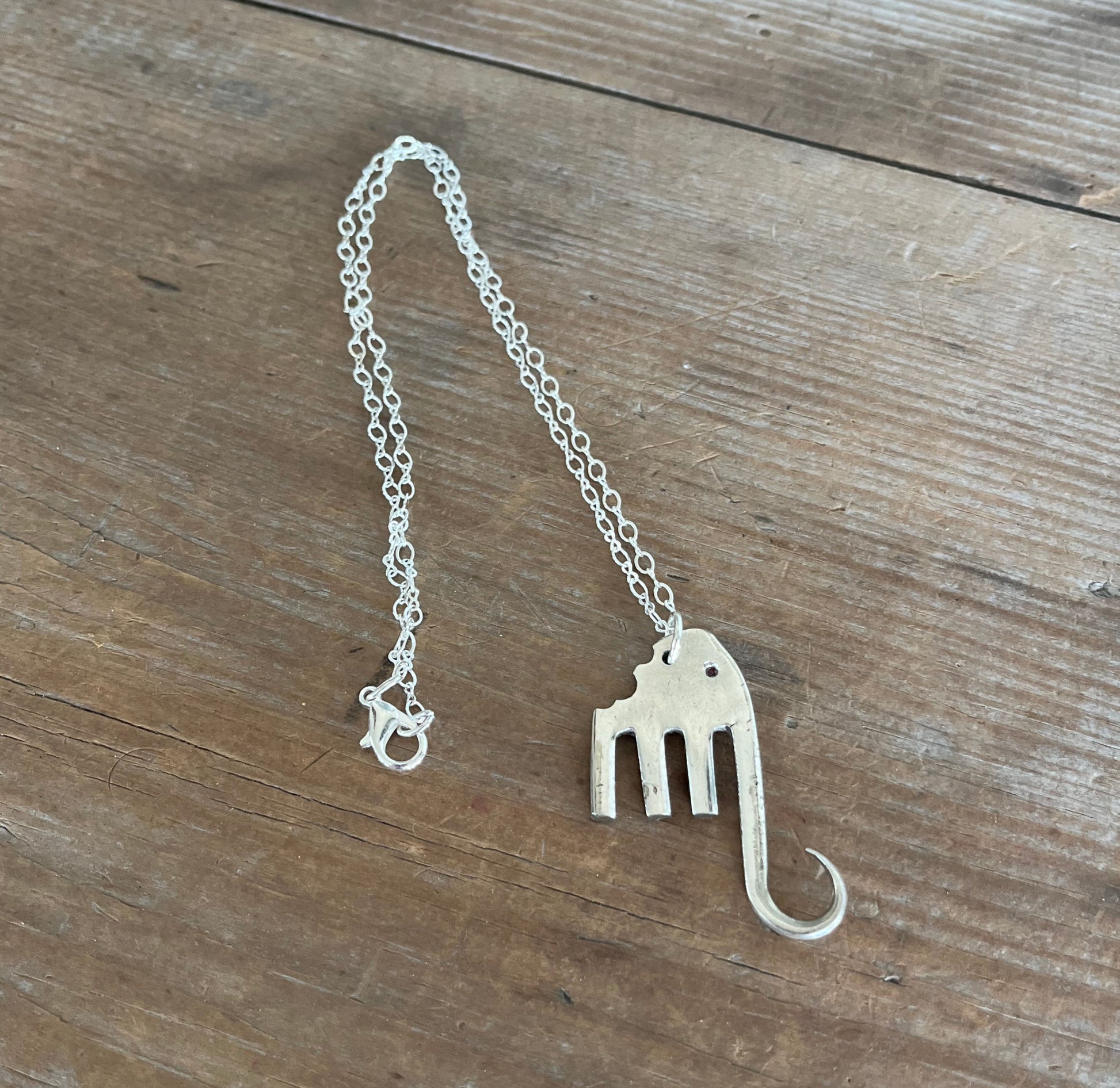 Full view of fork elephant necklace with silverplate chain and lobster clasp - handcrafted from upcycled vintage silverware - Laughing Frog Studio