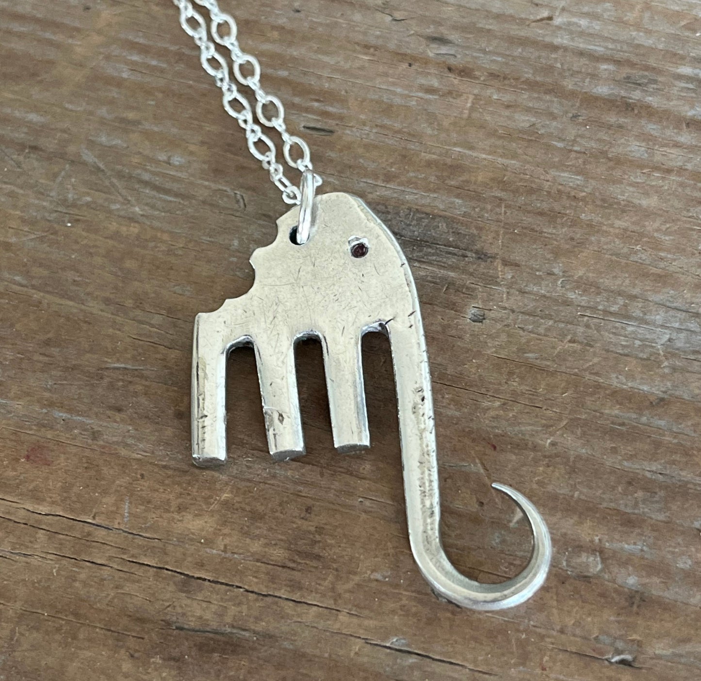 Fork tine elephant pendant with curled trunk and bite taken out - fork elephant necklace - handcrafted from upcycled vintage silverware - Laughing Frog Studio