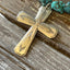 Close-up of NUART cross with geometric and scroll details - Spoon cross necklace - handcrafted from upcycled vintage silverware - Laughing Frog Studio