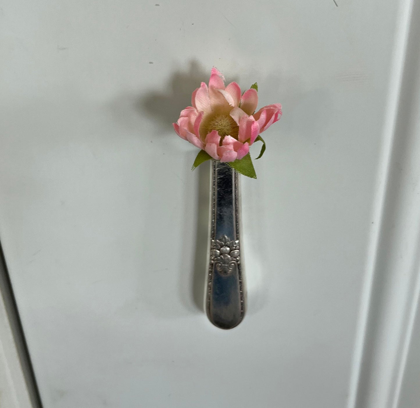 Upcycled vintage Adoration pattern silverplate knife vase with magnet or suction cup holding single flower