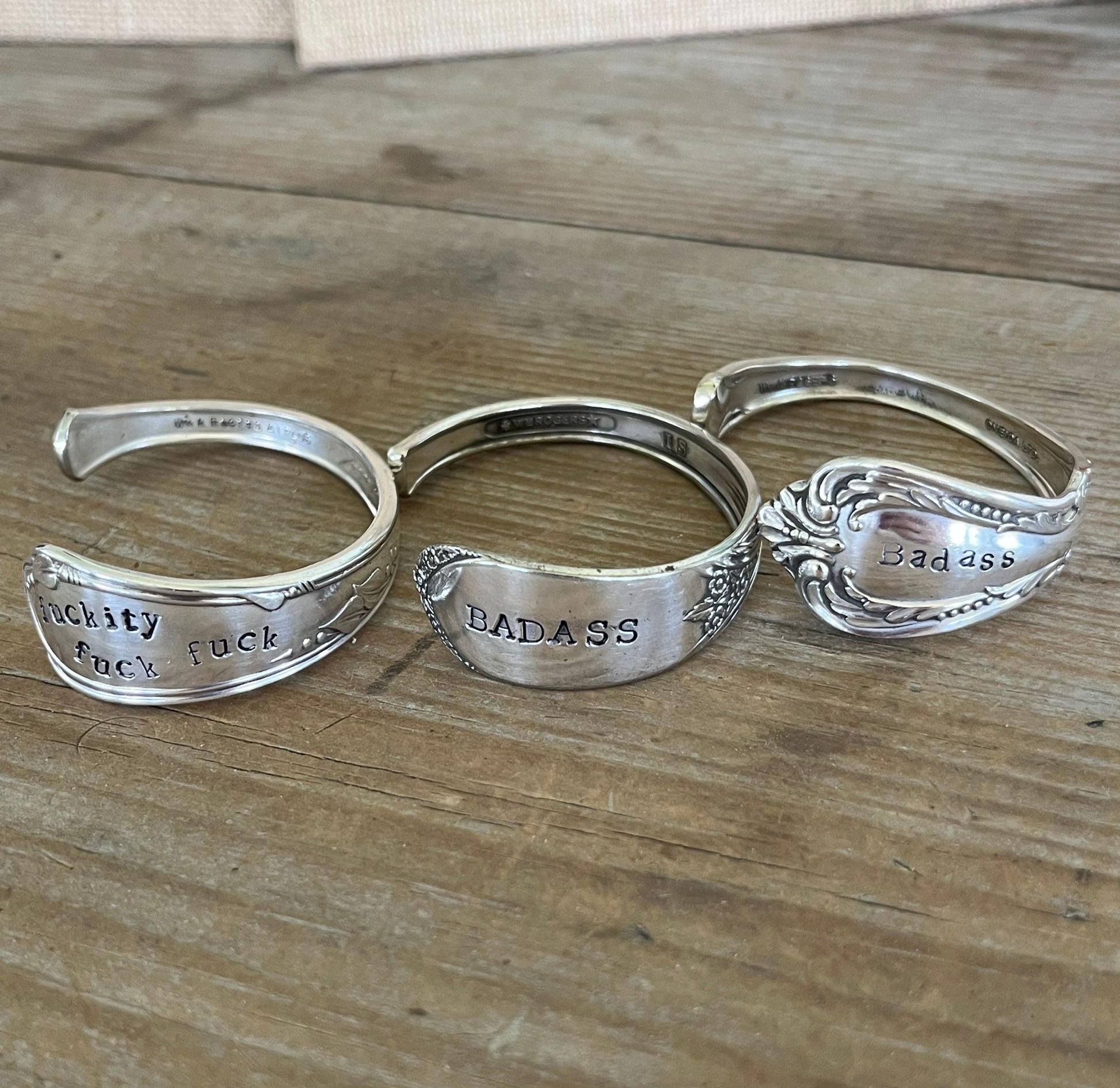 Trio of swear words hand-stamped spoon cuff bracelets - handcrafted from upcycled vintage silverware - Laughing Frog Studio
