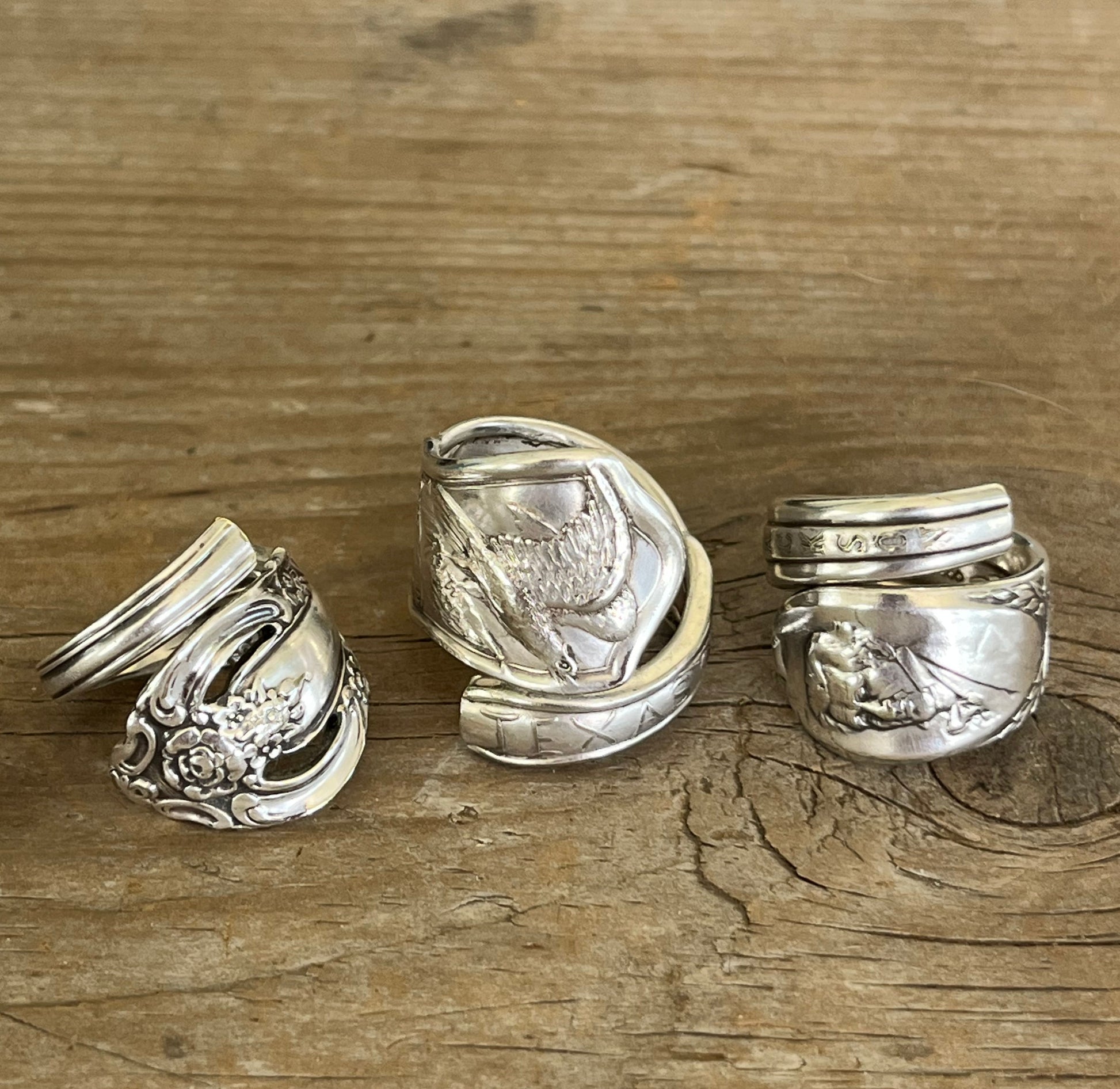 Trio of spoon rings including Andrew Jackson presidential spoon ring made from upcycled vintage silverware 