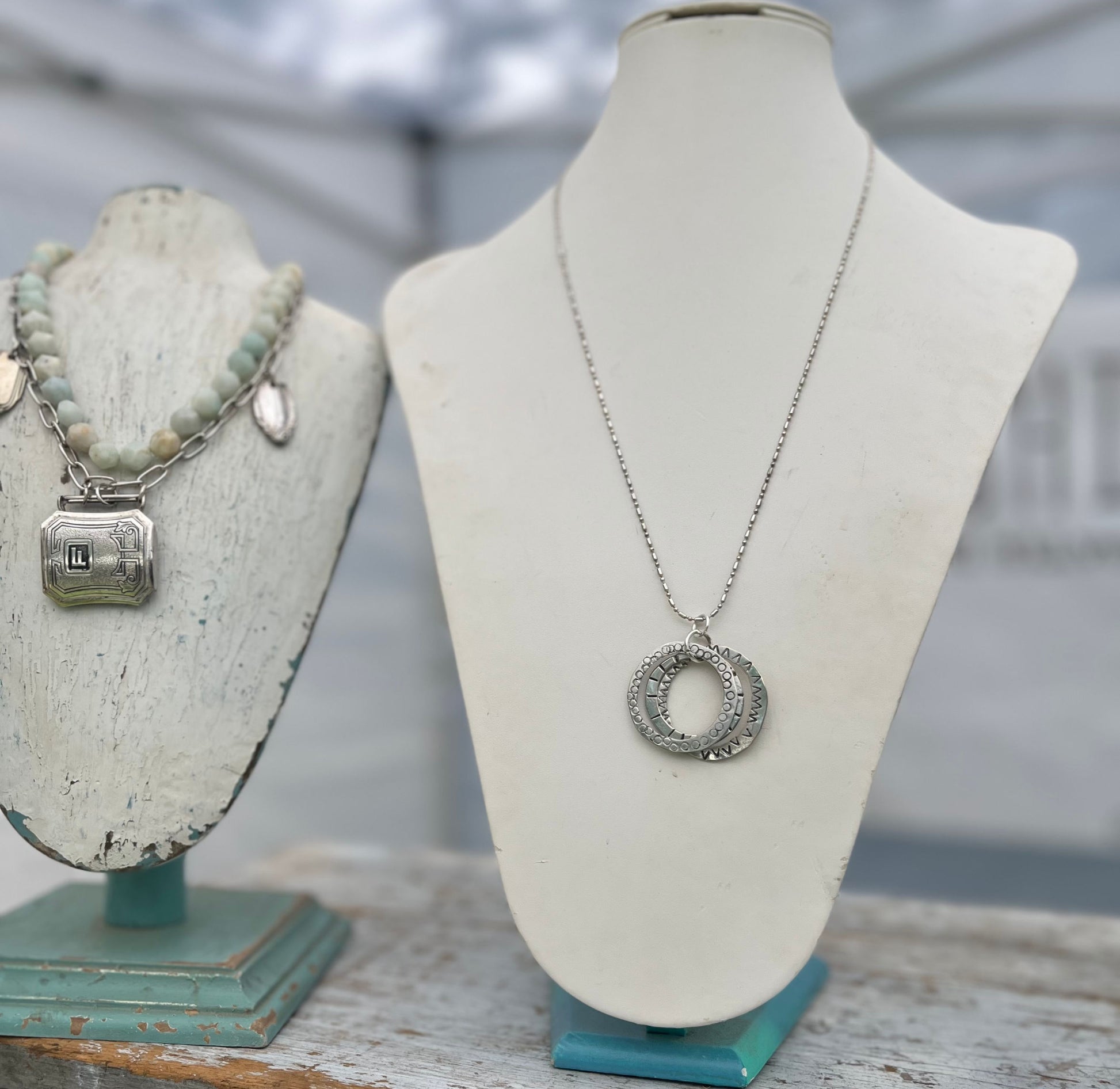 Handcrafted kinetic triple spoon necklace with movement rings - Spoon Necklace - handcrafted from upcycled vintage silverware - Laughing Frog Studio