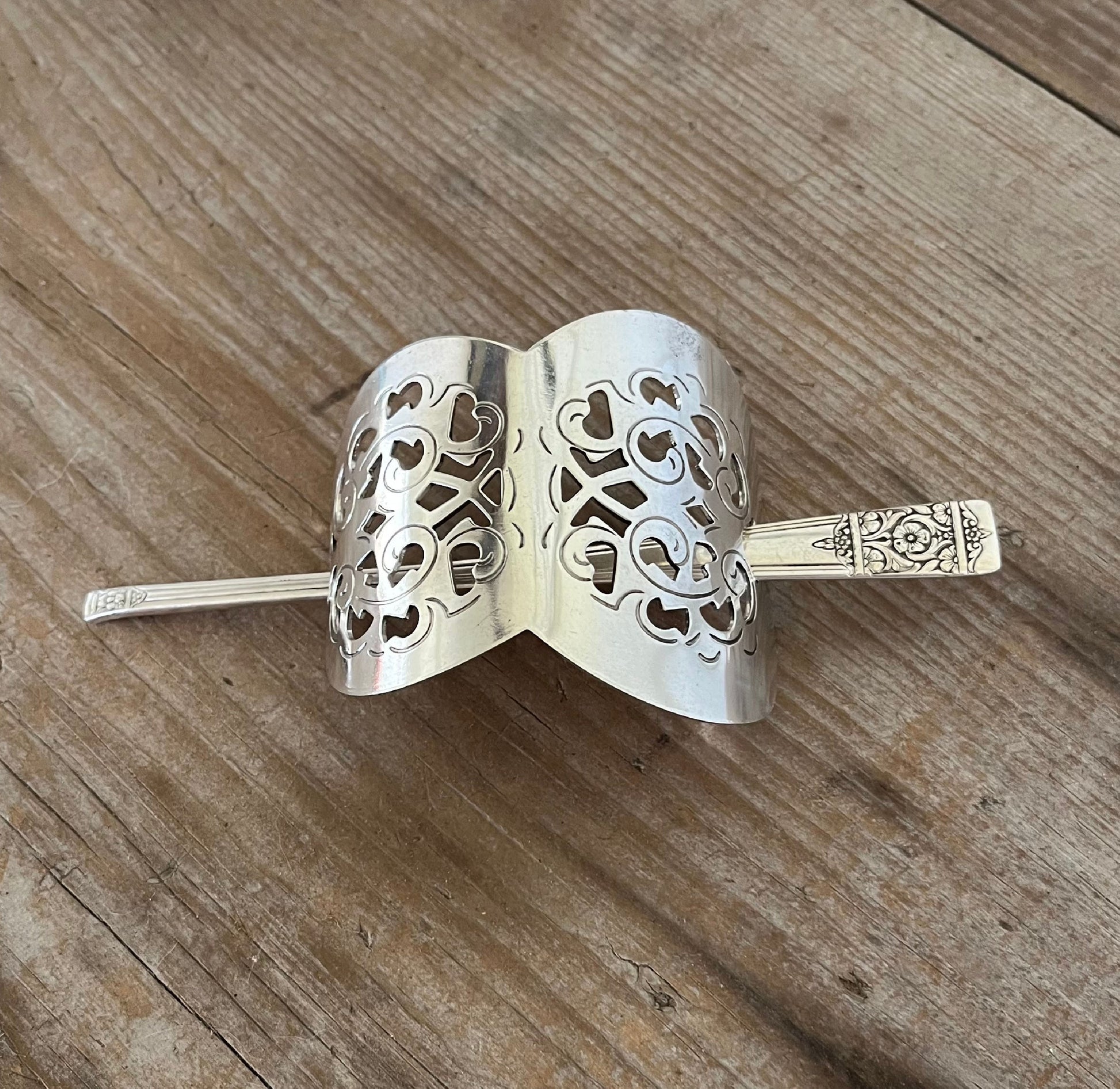 Vintage Danish cake server hair barrette handcrafted from upcycled silverware
