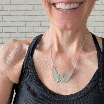 Handcrafted bat necklace made from vintage spoon bowls - premium artisan upcycled silverware Halloween jewelry