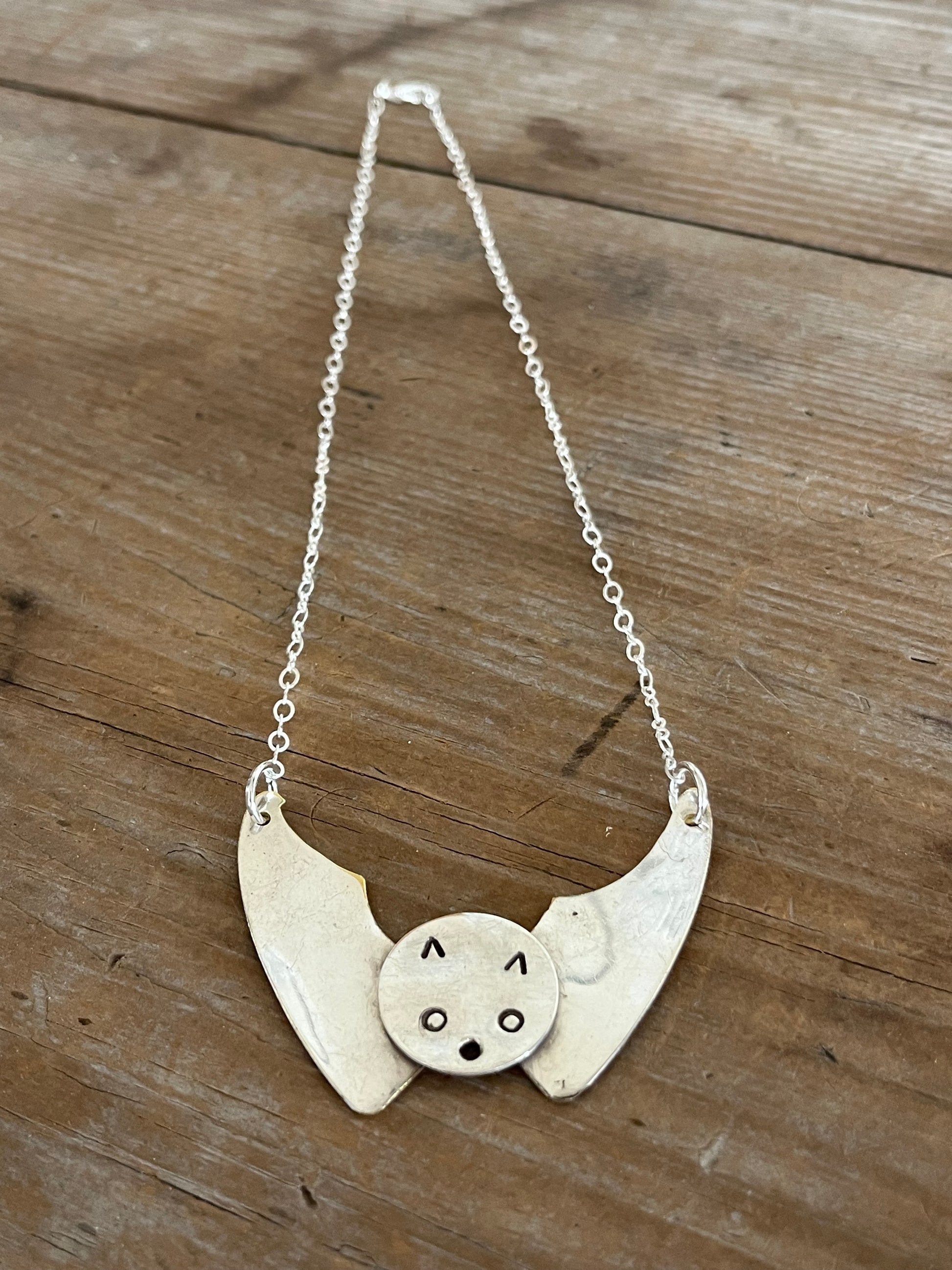 Premium handcrafted bat necklace from vintage silverware spoon bowls - unique upcycled artisan gothic jewelry