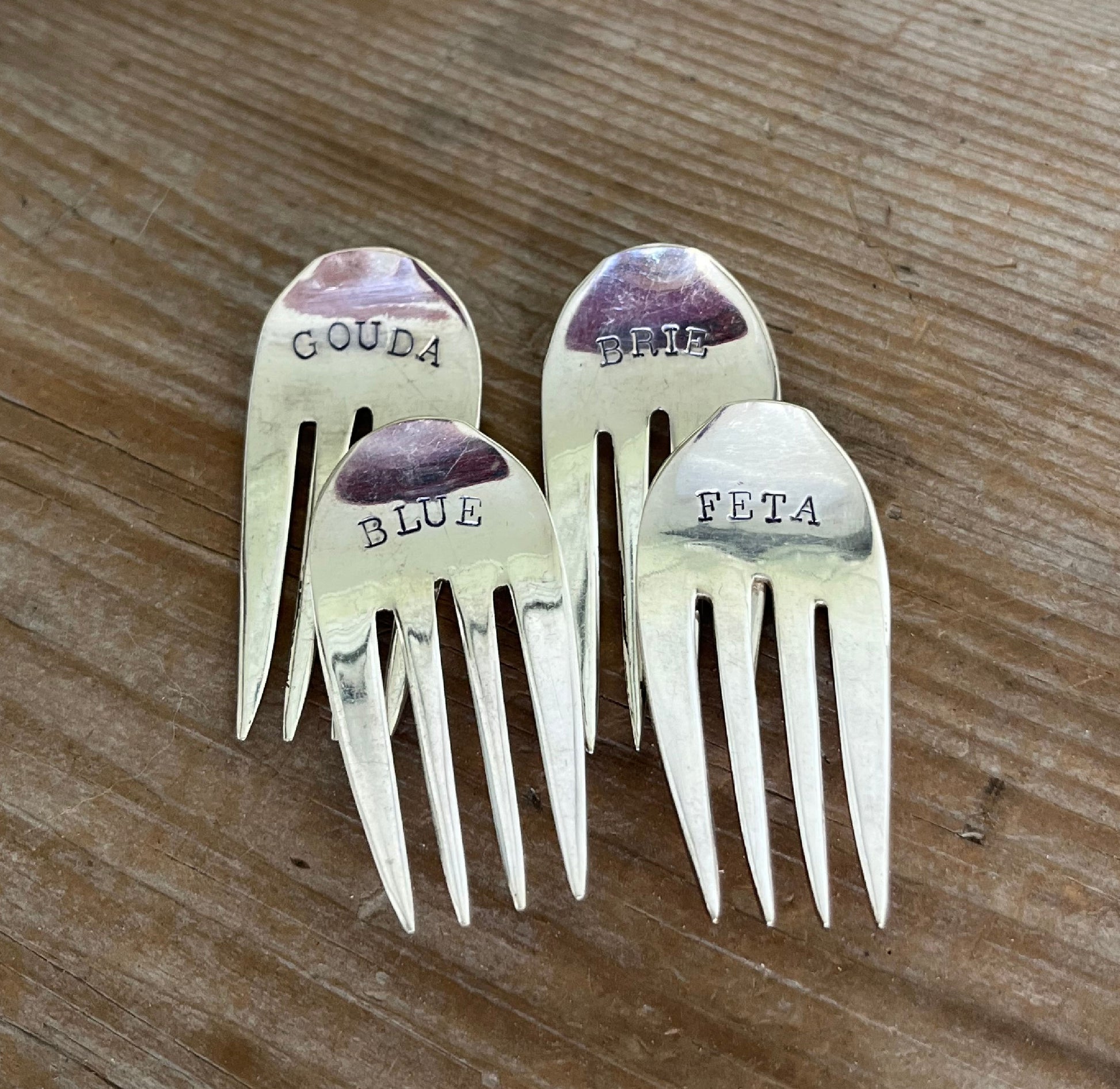 Curved upcycled vintage fork cheese markers set of 4 - hand-stamped Blue, Brie, Feta, Gouda - antique silverware hostess gift