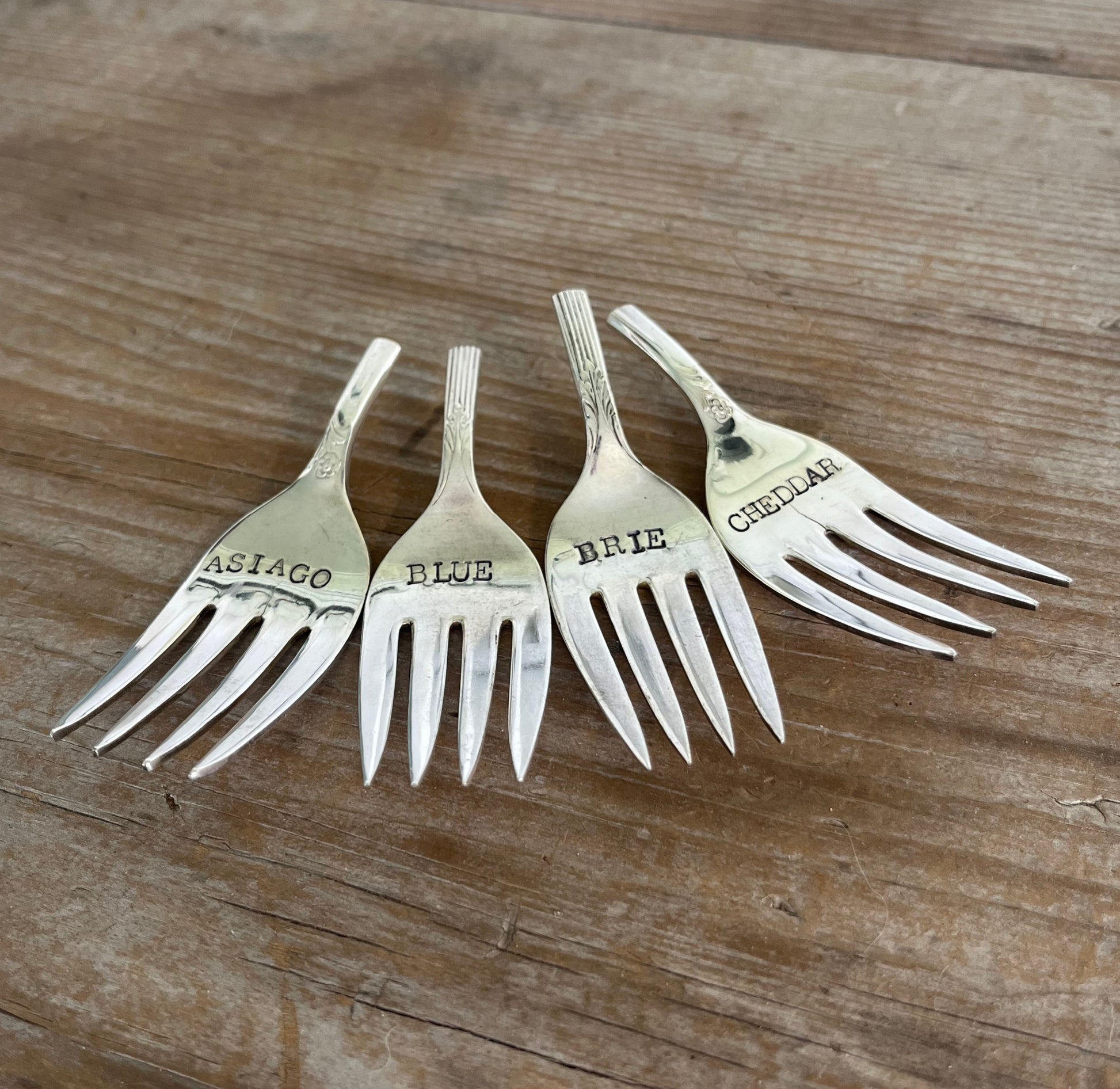 Curved upcycled vintage fork cheese markers set of 4 - hand-stamped Asiago, Blue, Brie, Cheddar - antique silverware hostess gift