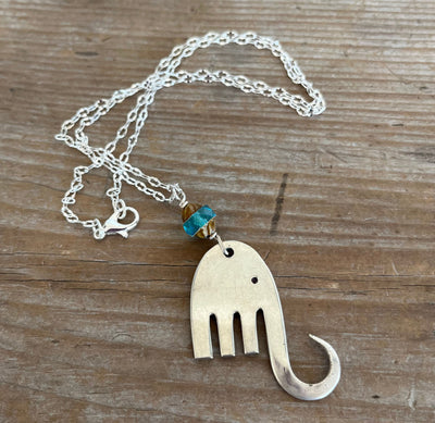 Fork Elephant Necklace - Aqua Czech Glass Bead - #5759