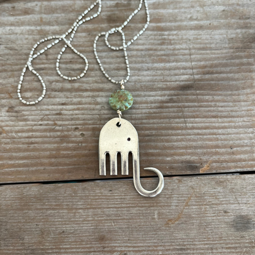 Fork Elephant Necklace with Sage Green Bead - #5760