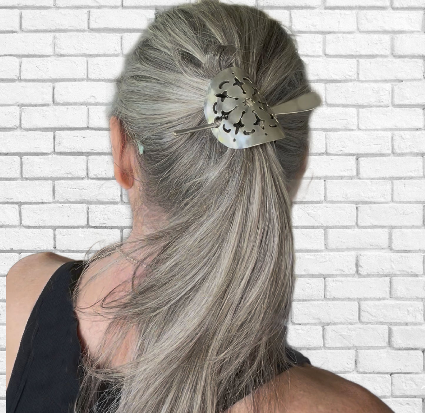 Top view of vintage cake server ponytail barrette worn in hair - handcrafted from upcycled silverware - Laughing Frog Studio