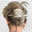 Art Deco cake server hair barrette handcrafted from vintage silverware with floral vase design and Treasure stick shown in hair 
