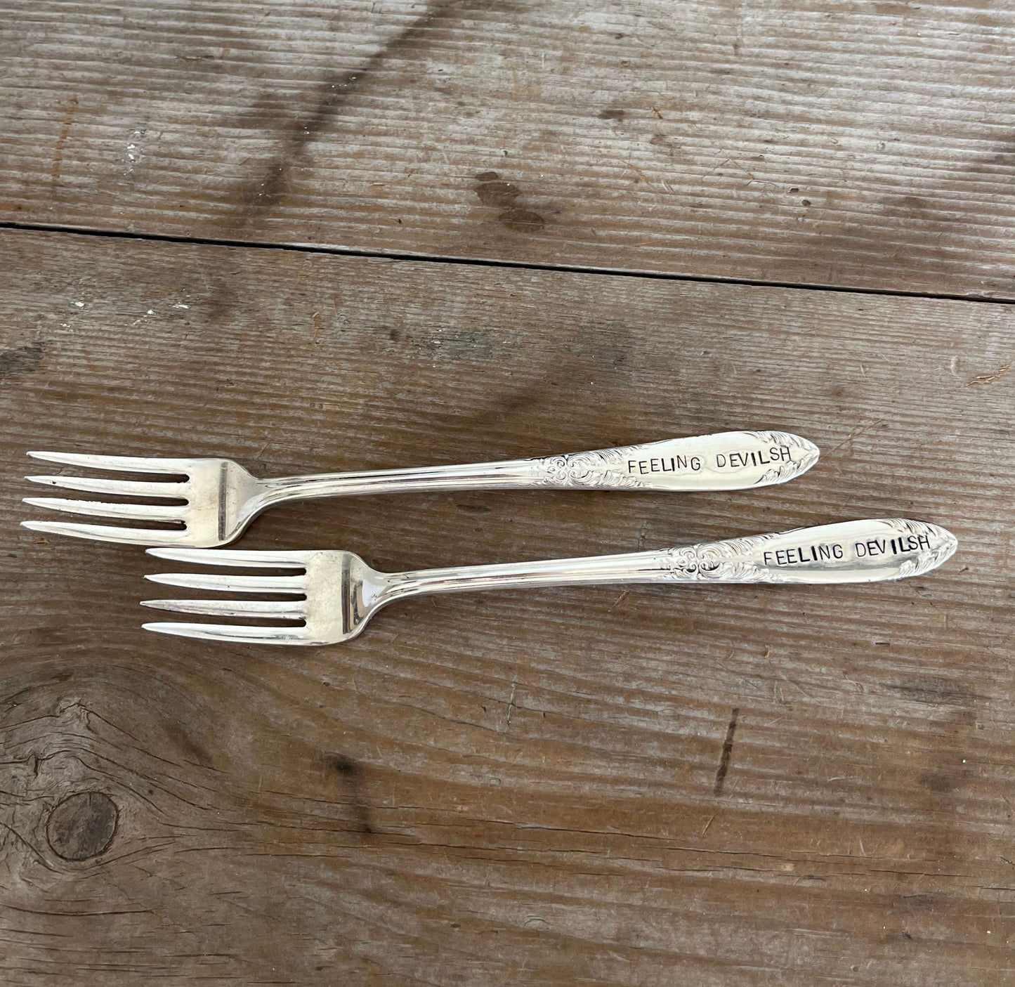 HAND-stamped Dessert Fork - FEELING DEVILISH - King Edward