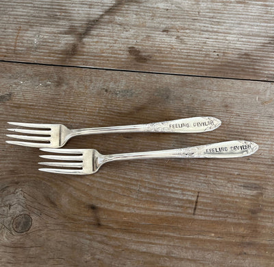 HAND-stamped Dessert Fork - FEELING DEVILISH - King Edward
