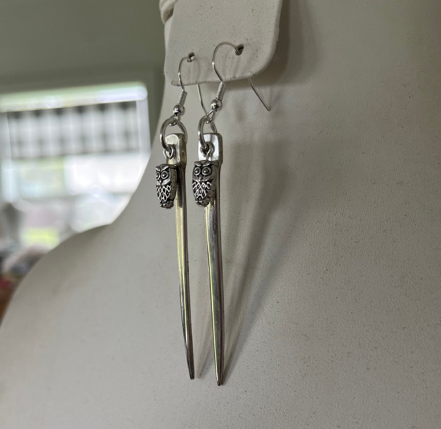 Handmade fork tine earrings with quirky owl charm beads made from upcycled vintage silverplate fork