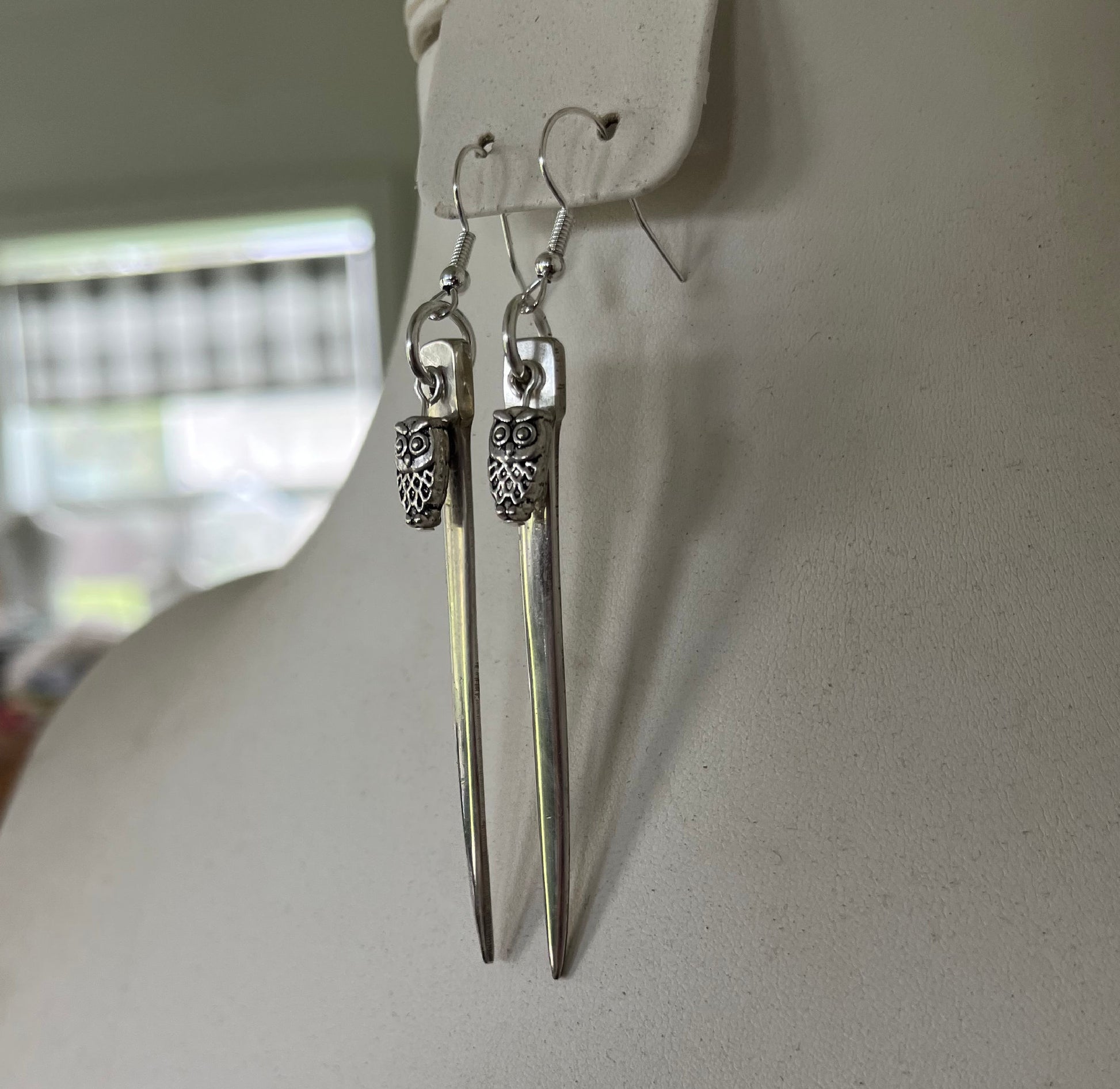 Handmade fork tine earrings with quirky owl charm beads made from upcycled vintage silverplate fork