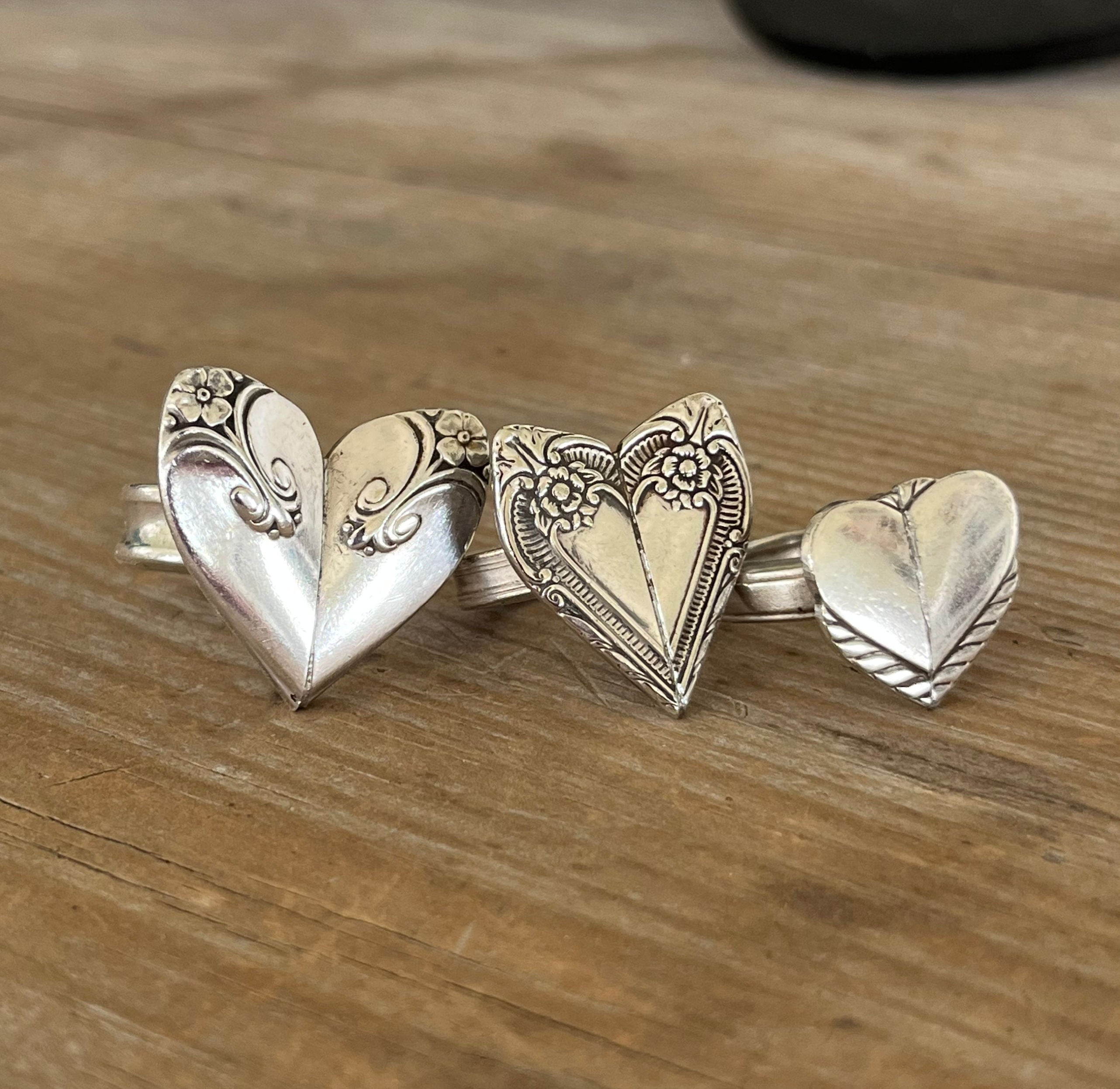 Trio of heart spoon rings made from vintage silverware handles - upcycled statement jewelry