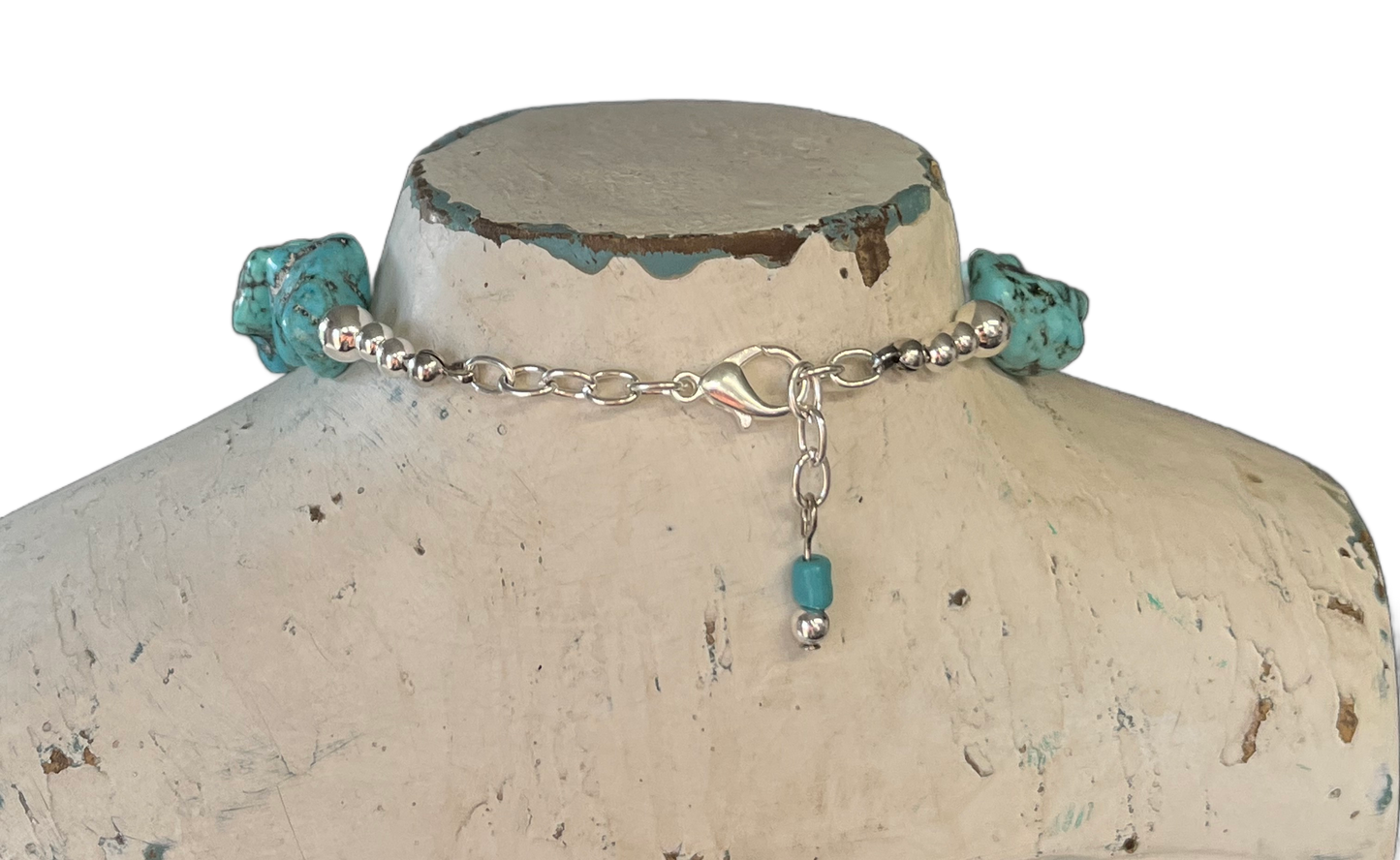 Detail photo of clasp for Oneida Evening Star pattern spoon cross pendant on chunky turquoise howlite choker - handcrafted upcycled vintage silverware jewelry - Laughing Frog Studio 