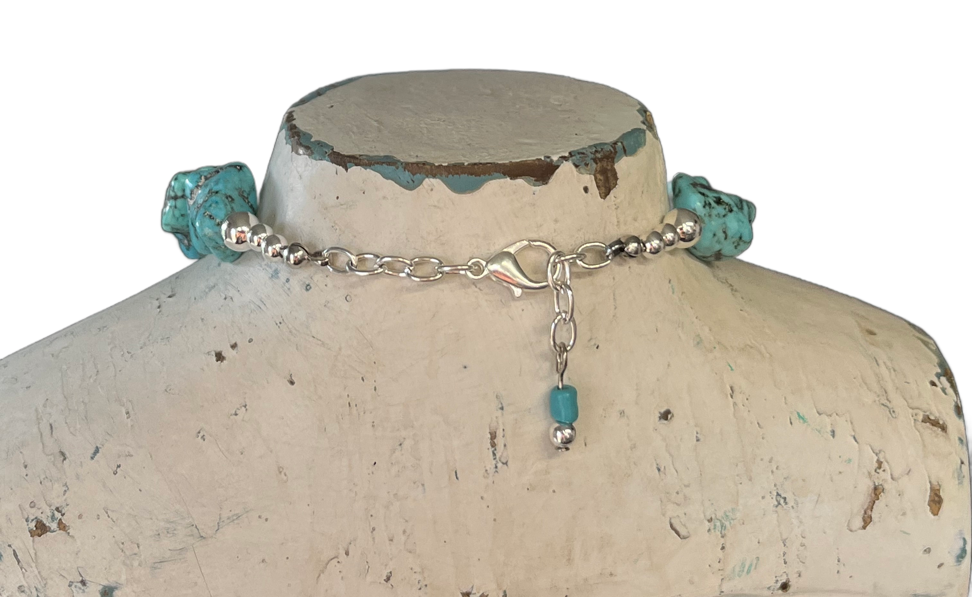 Detail photo of clasp for Oneida Evening Star pattern spoon cross pendant on chunky turquoise howlite choker - handcrafted upcycled vintage silverware jewelry - Laughing Frog Studio 