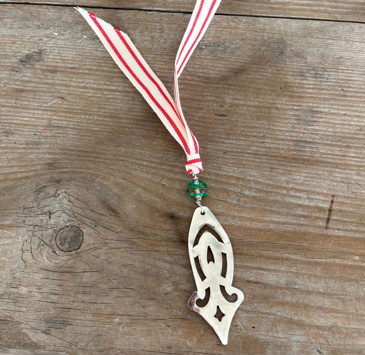 Mid Century Retro HAND made Christmas ornament from vintage slotted spoon