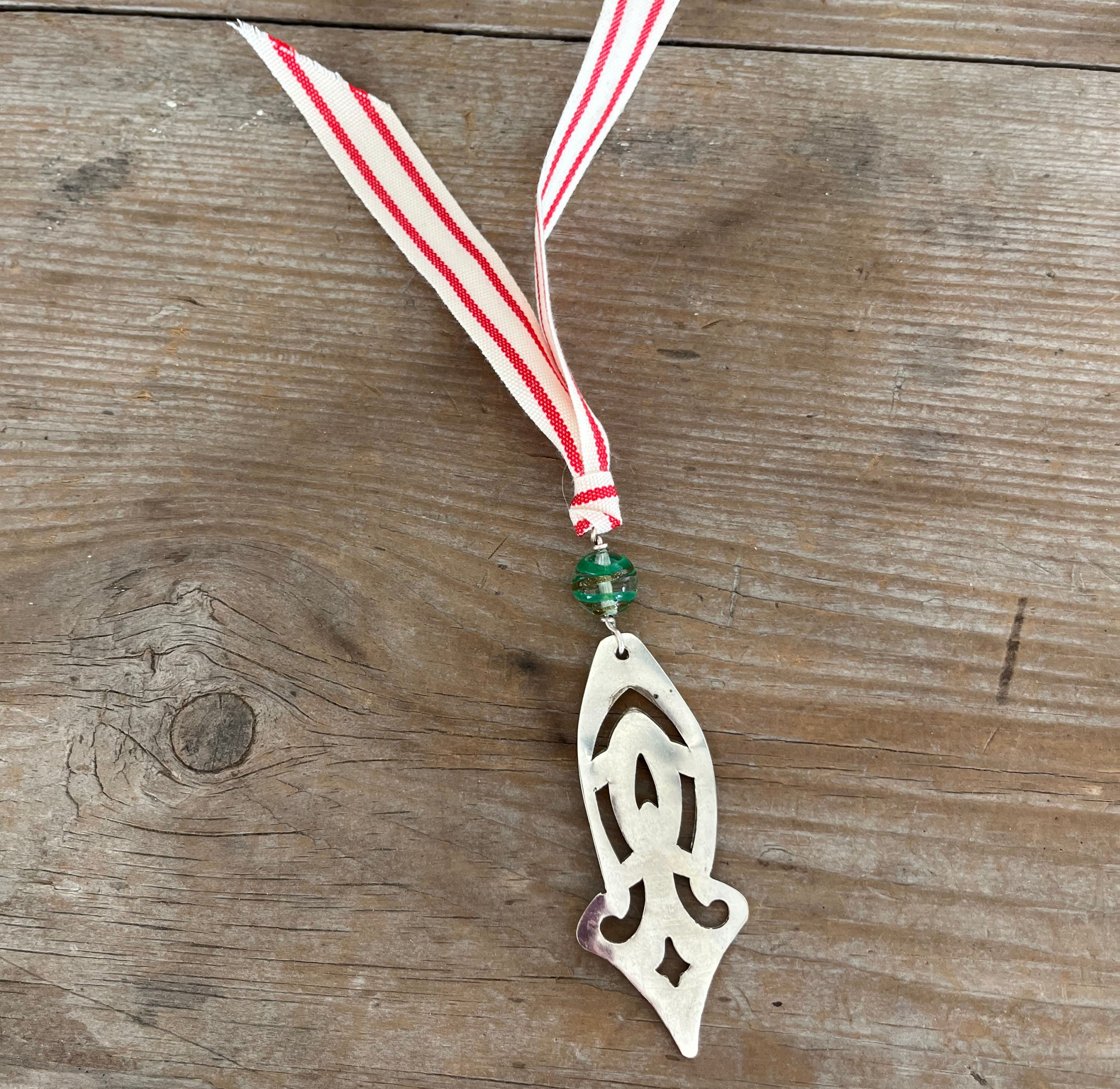 Mid Century Retro HAND made Christmas ornament from vintage slotted spoon