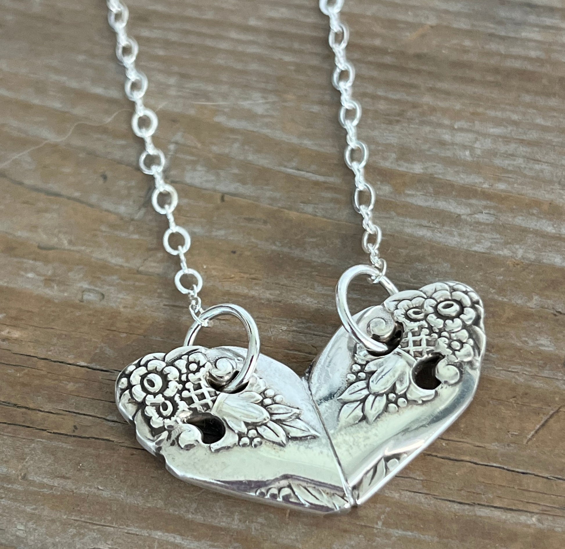 Vintage silverware heart necklace made from upcycled 1937 Lovely Lady pattern by Holmes & Edwards, handcrafted floral openwork pendant