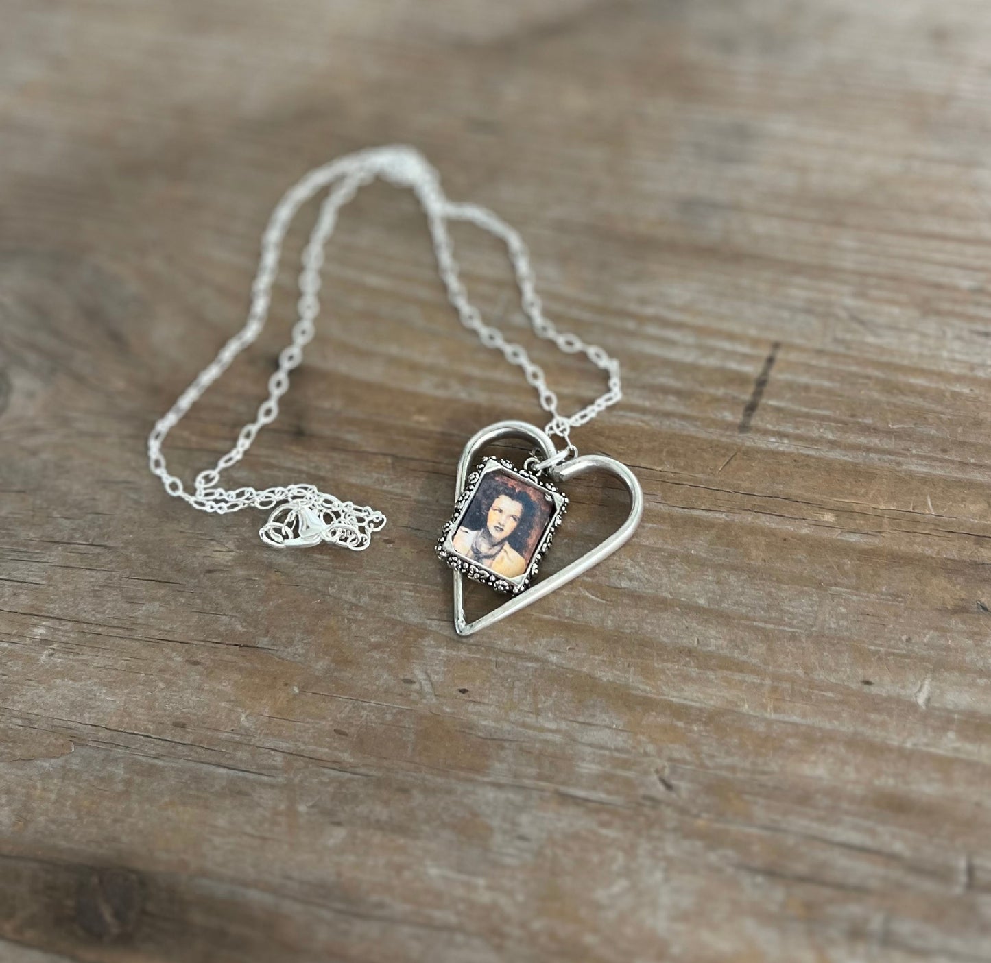 upcycled silverware open heart pendant necklace on 2" silverplate chain