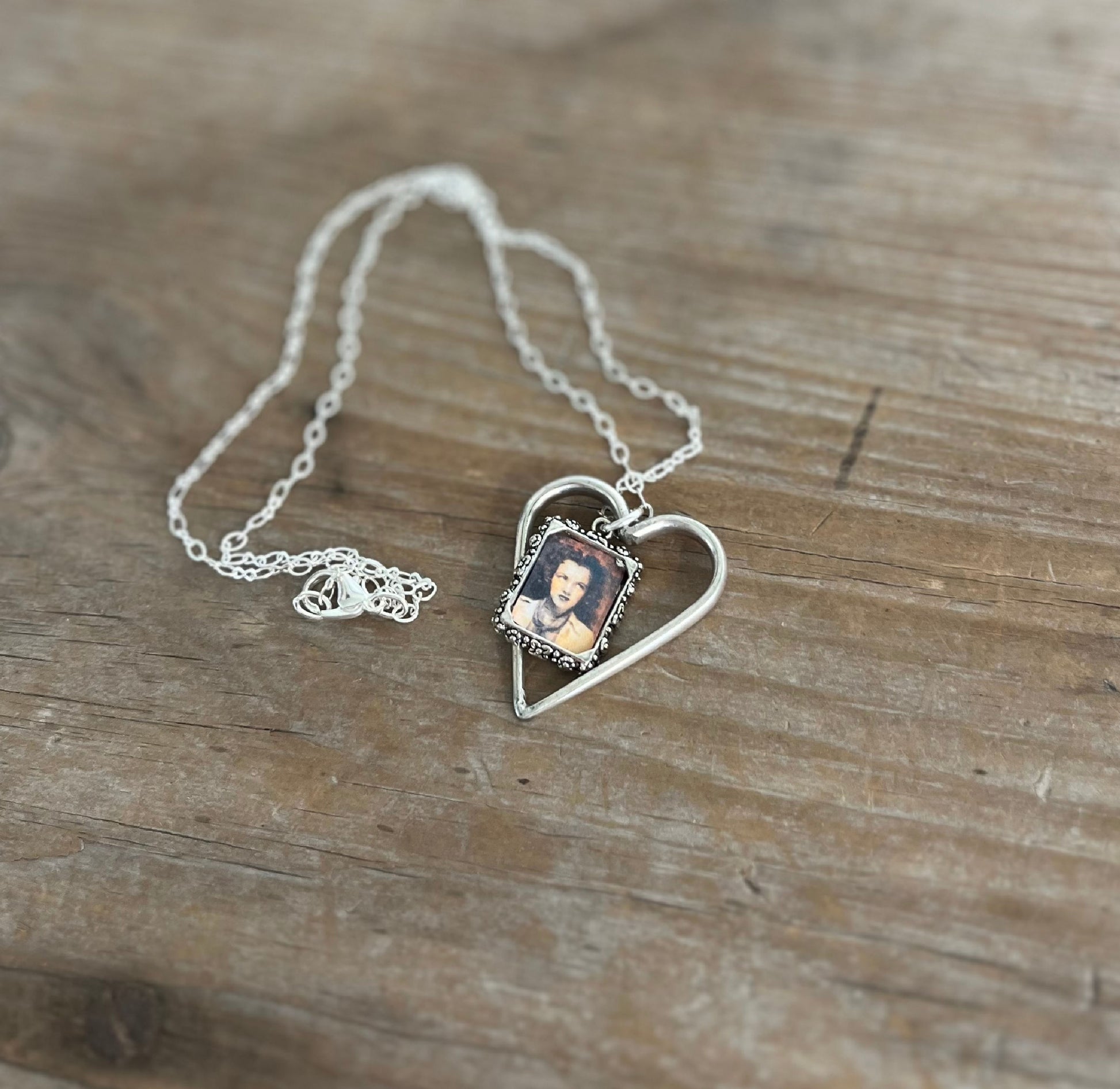 upcycled silverware open heart pendant necklace on 2" silverplate chain