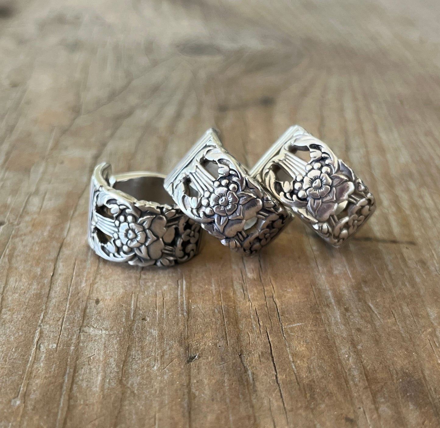 Trio of CORONATION spoon rings made from upcycled vintage silverware - handmade artisan jewelry