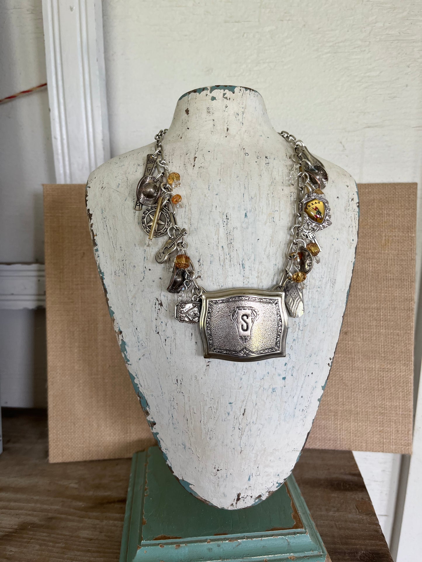 Handcrafted Texas Pride charm necklace - vintage spoon jewelry with S monogram