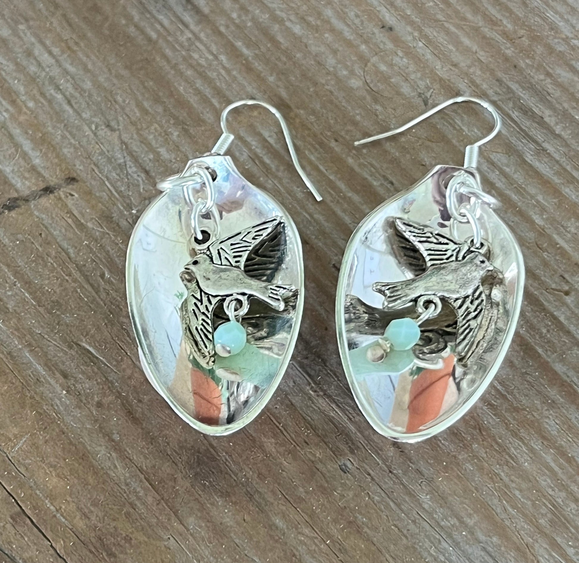 Demitasse spoon earrings with bird of peace charms and jadeite glass beads - Spoon Earrings - handcrafted from upcycled vintage silverware - Laughing Frog Studio
