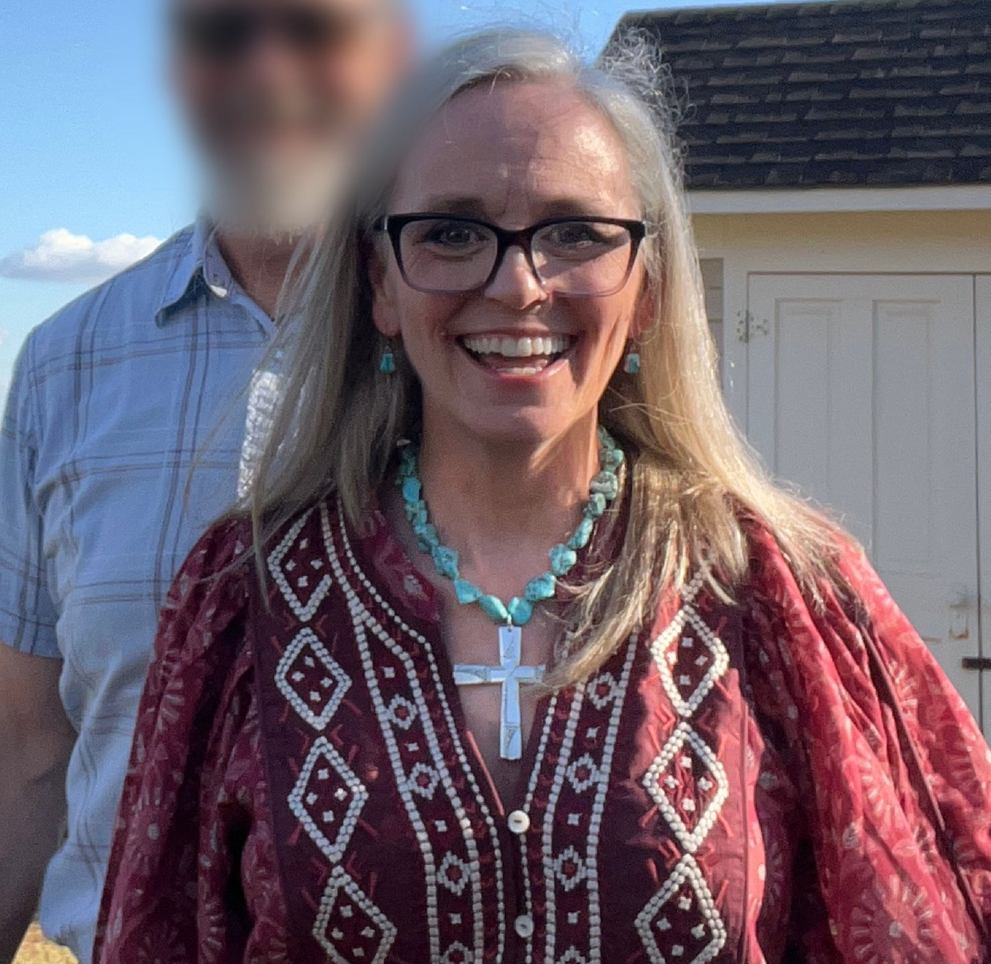 Caprice spoon cross pendant choker necklace shown on model - handcrafted upcycled vintage silverware jewelry