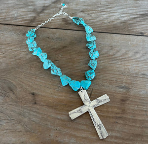 Spoon Cross Pendant on Chunky Turquoise Howlite Choker Necklace - CAPRICE - #6025