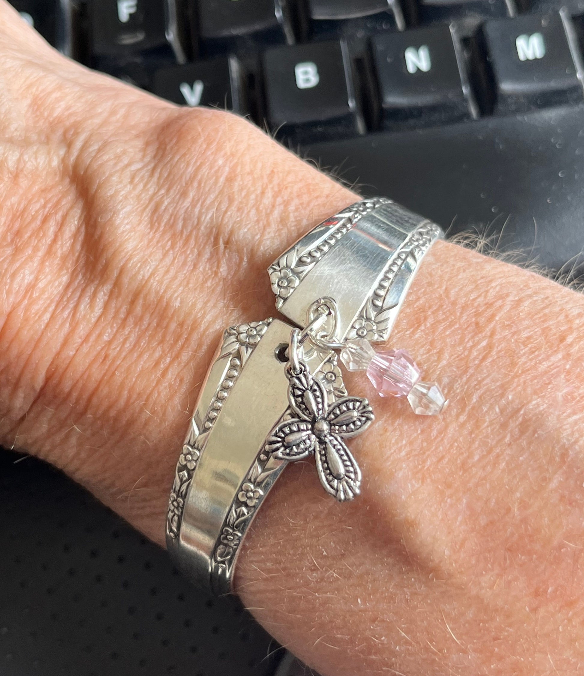 1881 Rogers Del Mar spoon cuff bracelet with dragonfly charm and pink crystal beads - handcrafted from upcycled vintage silverware - Laughing Frog Studio