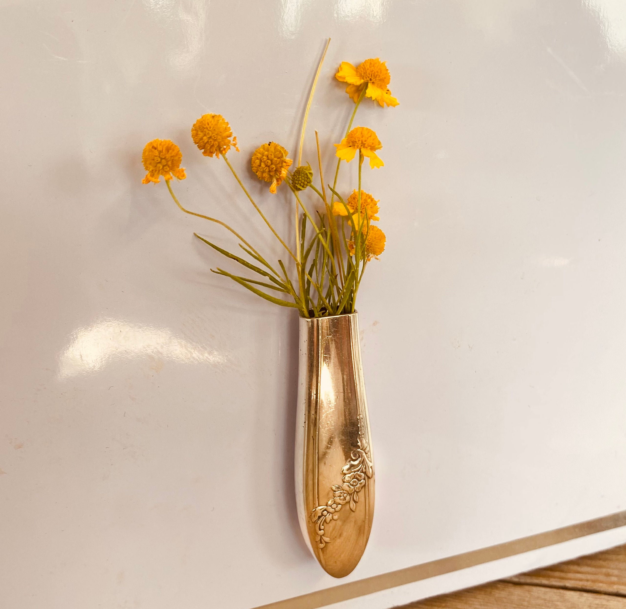 Tudor Plate Queen Bess II magnetic knife handle bud vase with wildflowers mounted on wall — upcycled silverware decor — Laughing Frog Studio