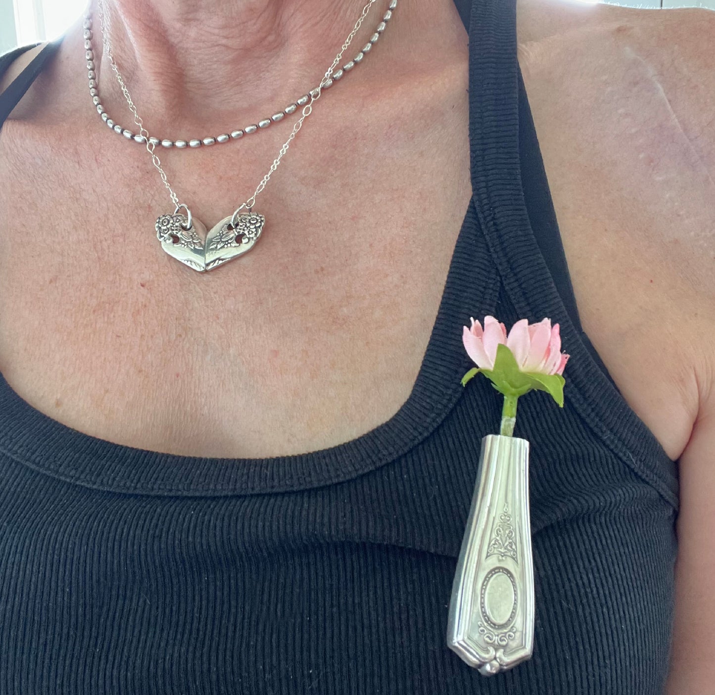 LOUIS XVI knife vase with magnet made shown on model as boutonniere made from upcycled vintage silverware