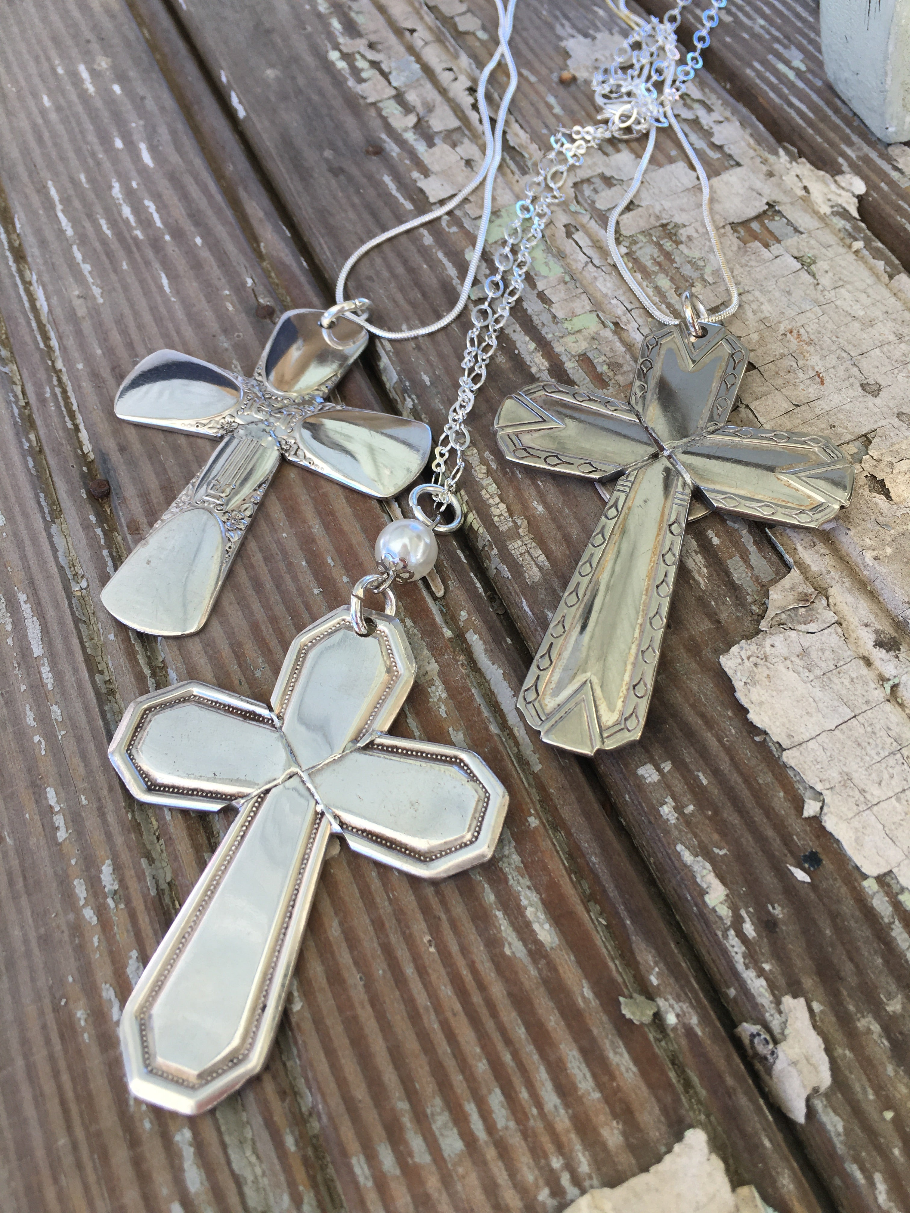 Three handmade silverware cross pendant necklaces  — upcycled vintage flatware pendants — Laughing Frog Studio