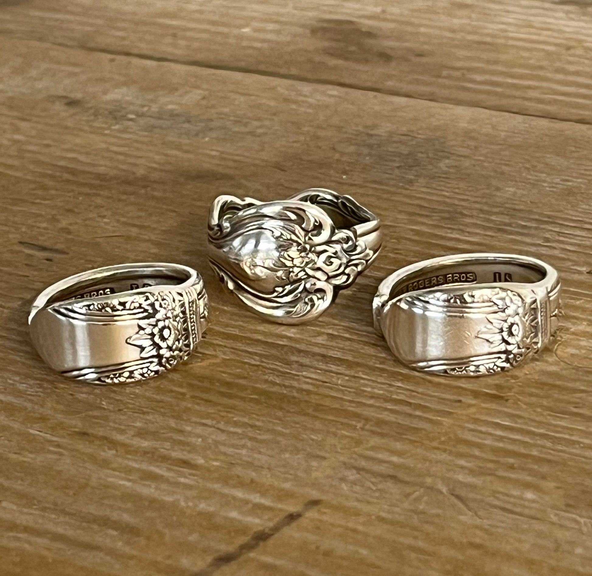 Trio of handmade upcycled spoon rings including INTERLUDE