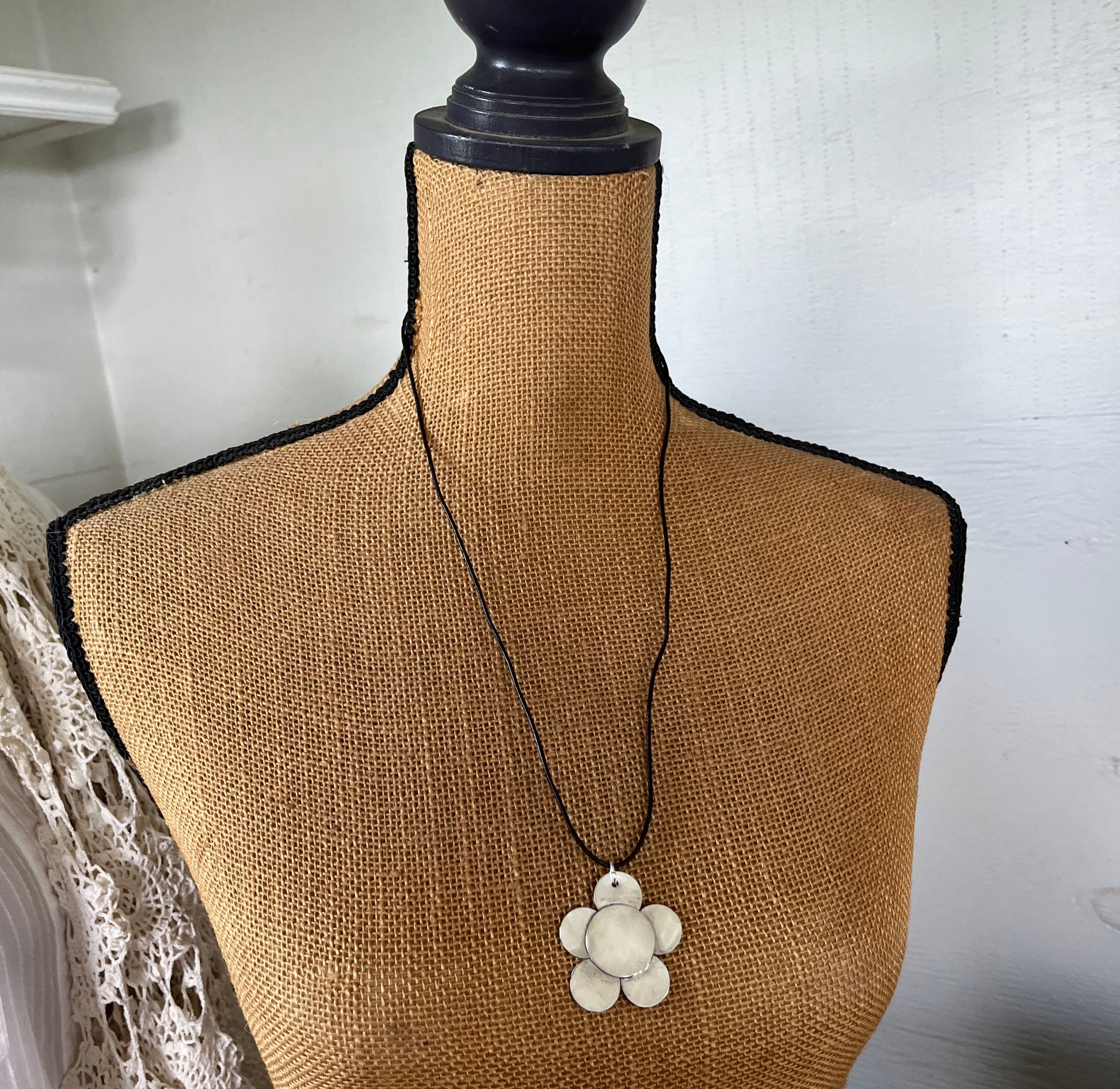 Vintage silverplate daisy spoon necklace on ball chain displayed on mannequin - Spoon Necklace - handcrafted from upcycled vintage silverware - Laughing Frog Studio