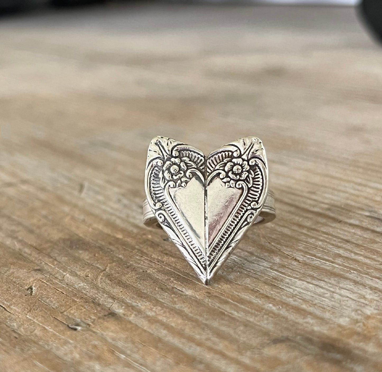 Cotillion heart spoon ring made from vintage silverware handles - upcycled statement jewelry