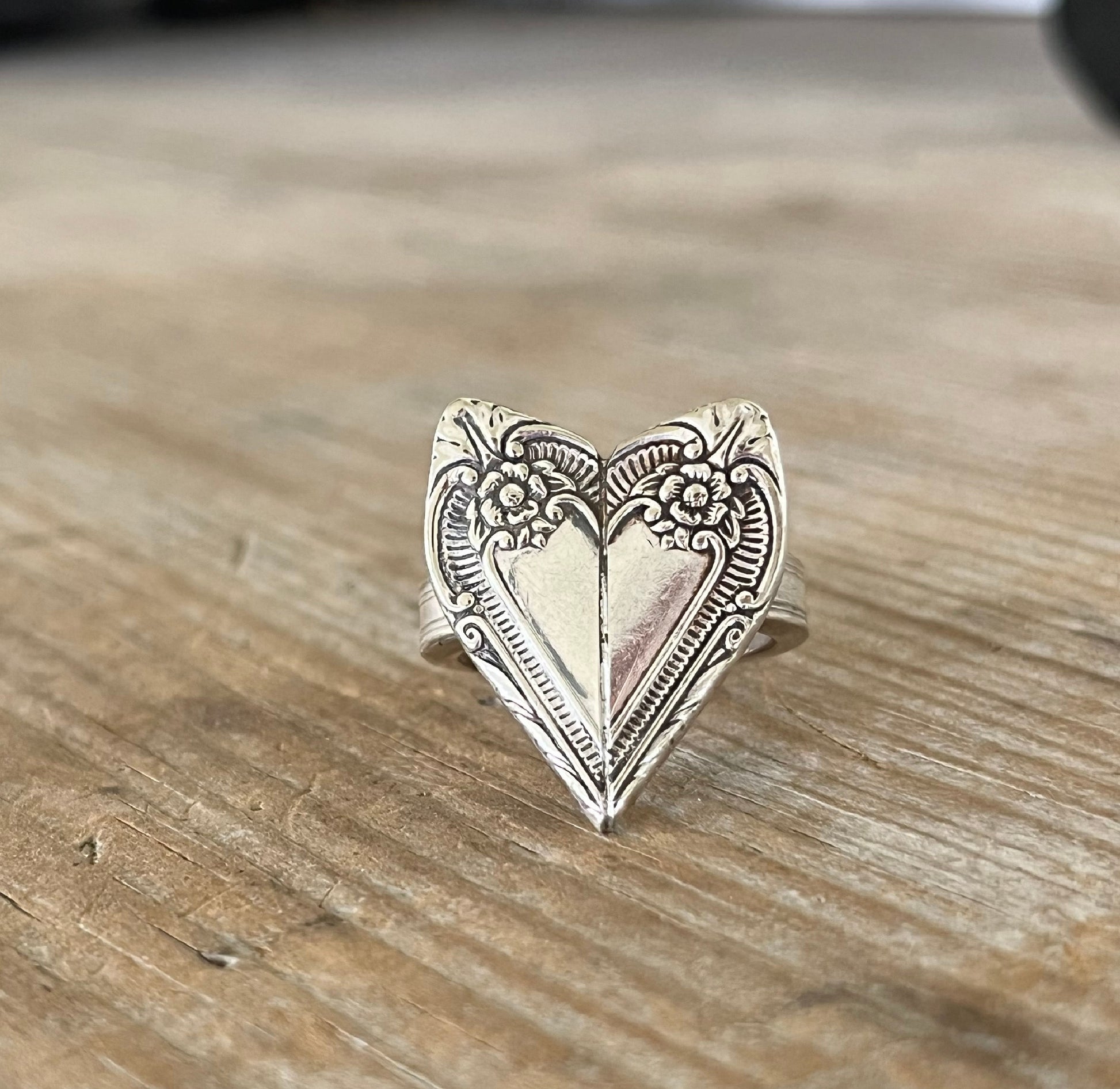 Cotillion heart spoon ring made from vintage silverware handles - upcycled statement jewelry