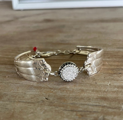 Handcrafted 1933 Lenox spoon link bracelet with sparkly druzy pavé bead - premium upcycled vintage silverware artisan jewelry