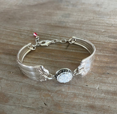 Eco-friendly upcycled Lenox pattern spoon bracelet with druzy bead and red Czech glass - handmade 1933 vintage silverware jewelry
