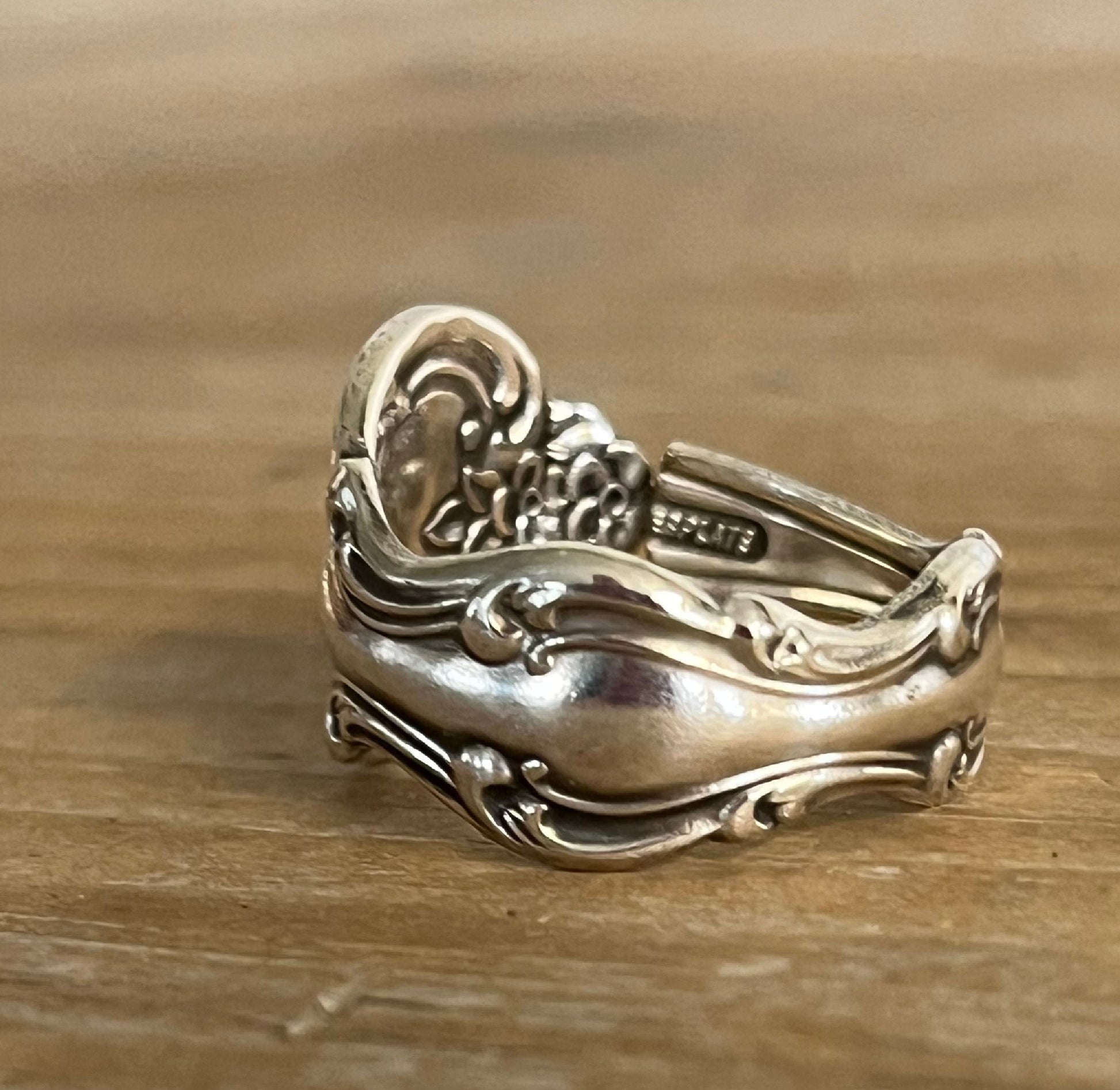 Super Close-up of INTERLUDE pattern spoon ring showing vintage silverware detail and beauty