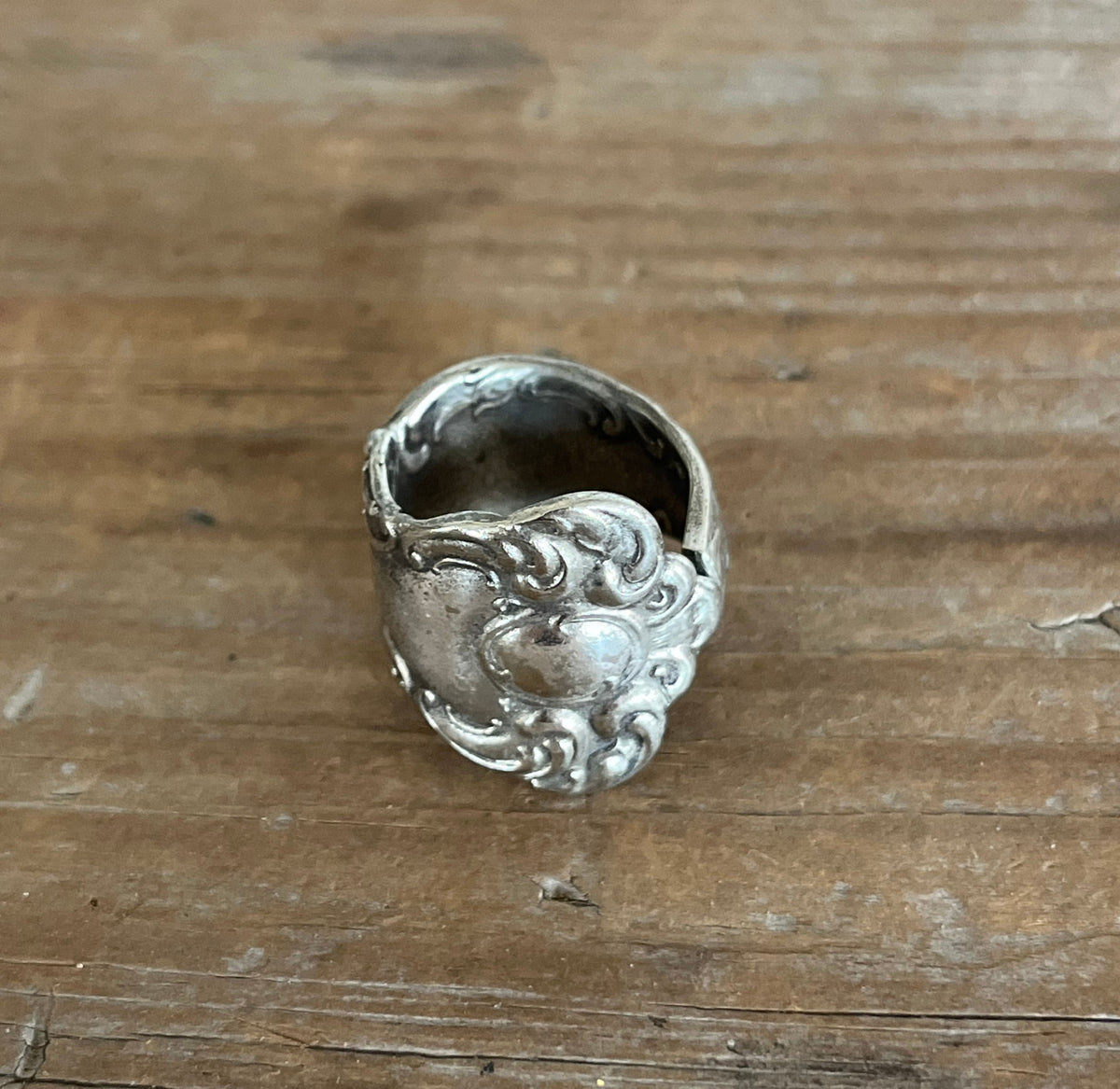 Top view Victorian scrollwork Oxford spoon ring - handcrafted from upcycled vintage silverware - Laughing Frog Studio