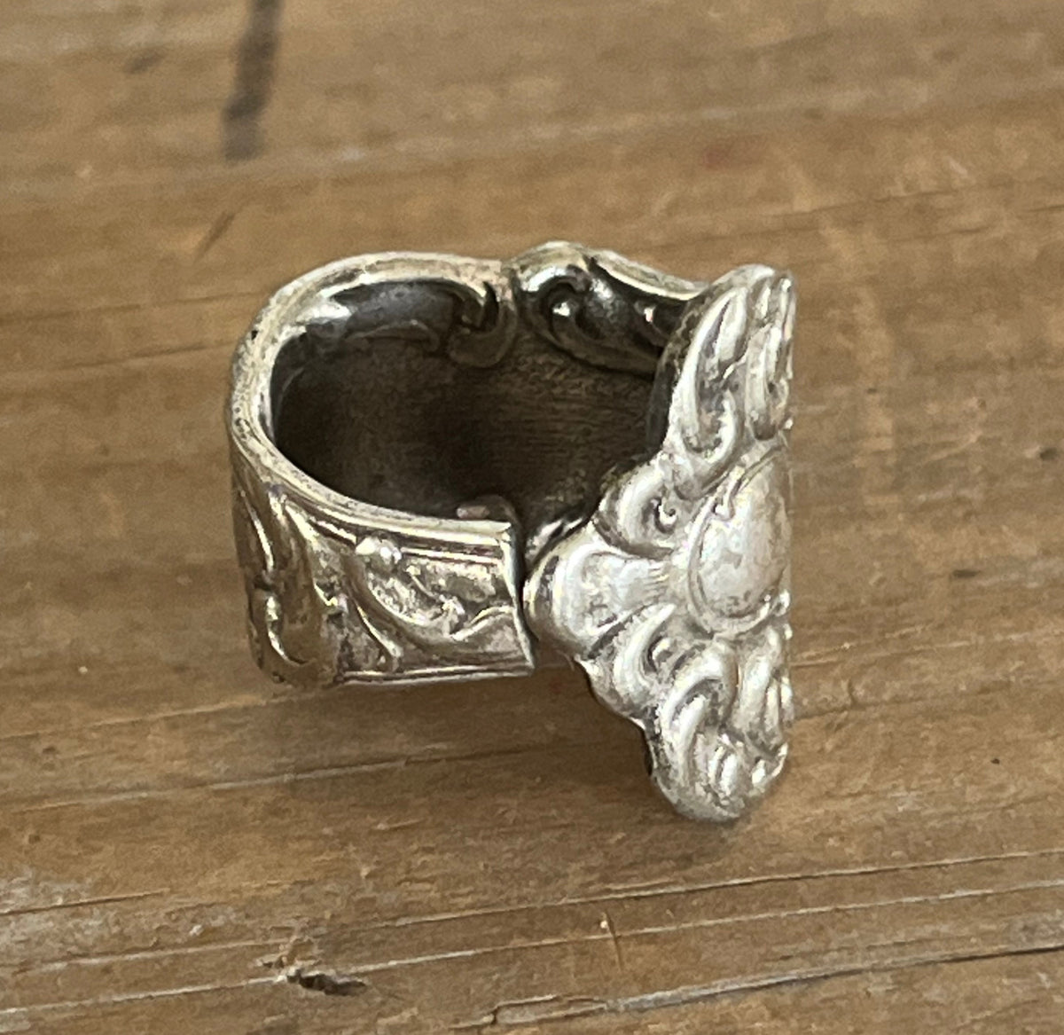Upcycled 1901 Oxford silverplate spoon ring back view - handcrafted from upcycled vintage silverware - Laughing Frog Studio