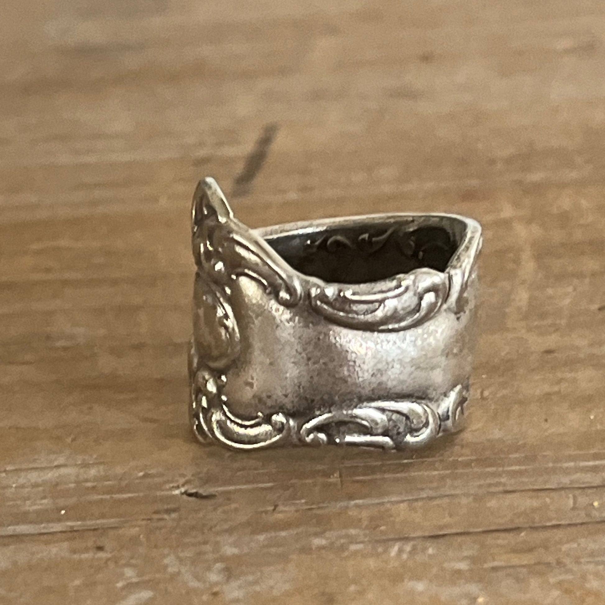 Oxford spoon ring side view showing Victorian curved silhouette - handcrafted from upcycled vintage silverware - Laughing Frog Studio