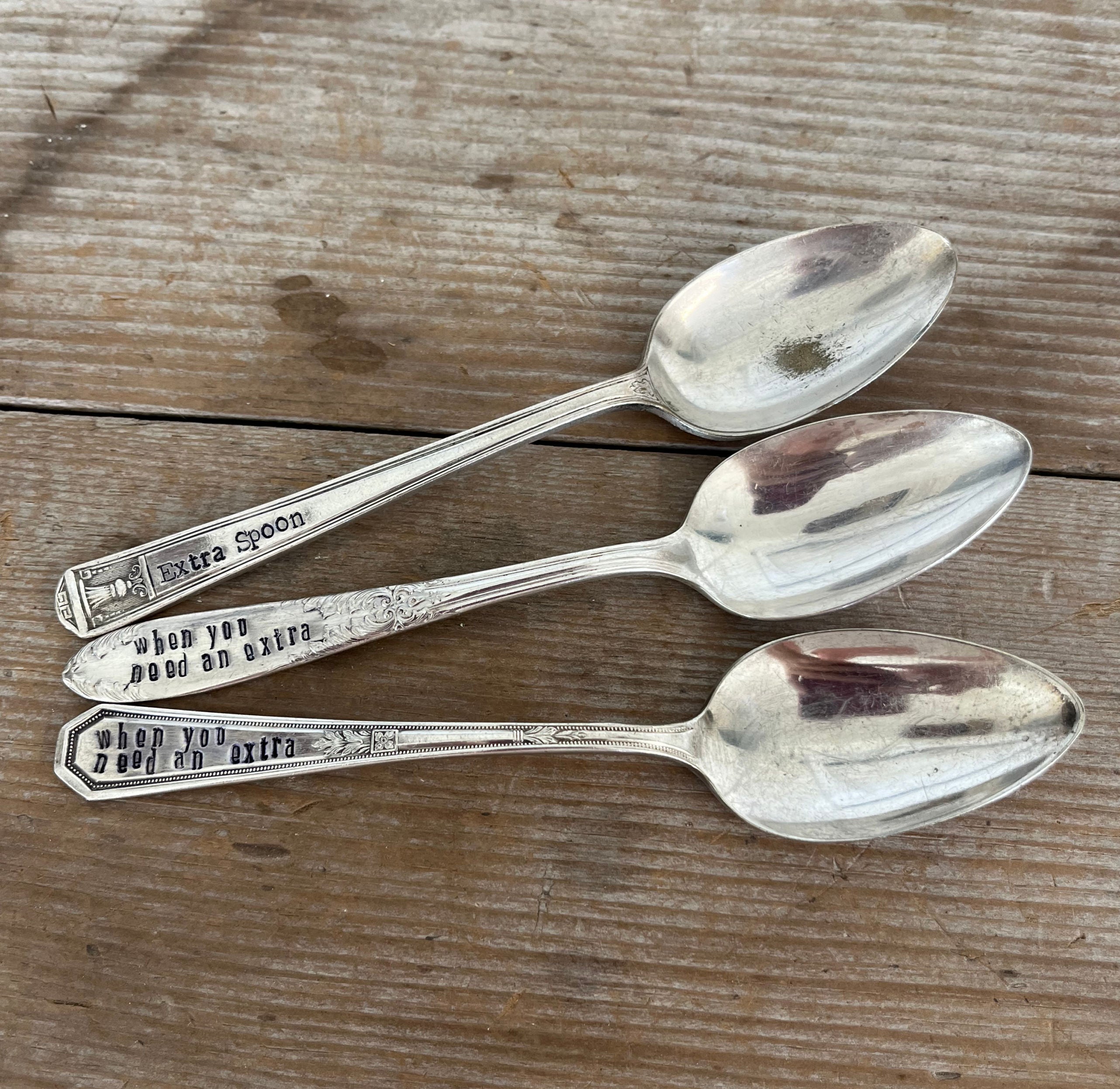Silverplate spoons transformed into Spoon Theory awareness keepsakes with hand-stamped encouragement messages
