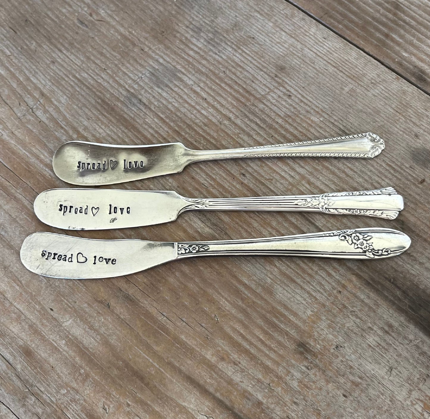 SPREAD LOVE hand-stamped cheese spreaders made from upcycled vintage silverware