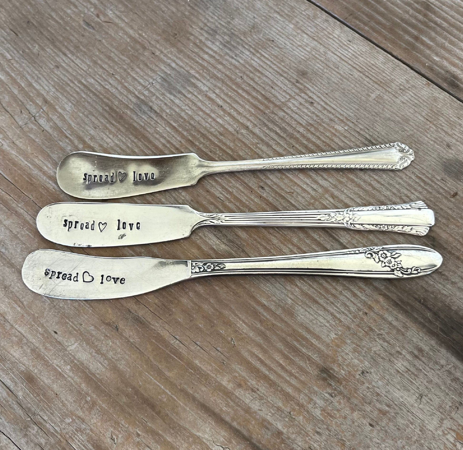 SPREAD LOVE hand-stamped cheese spreaders made from upcycled vintage silverware